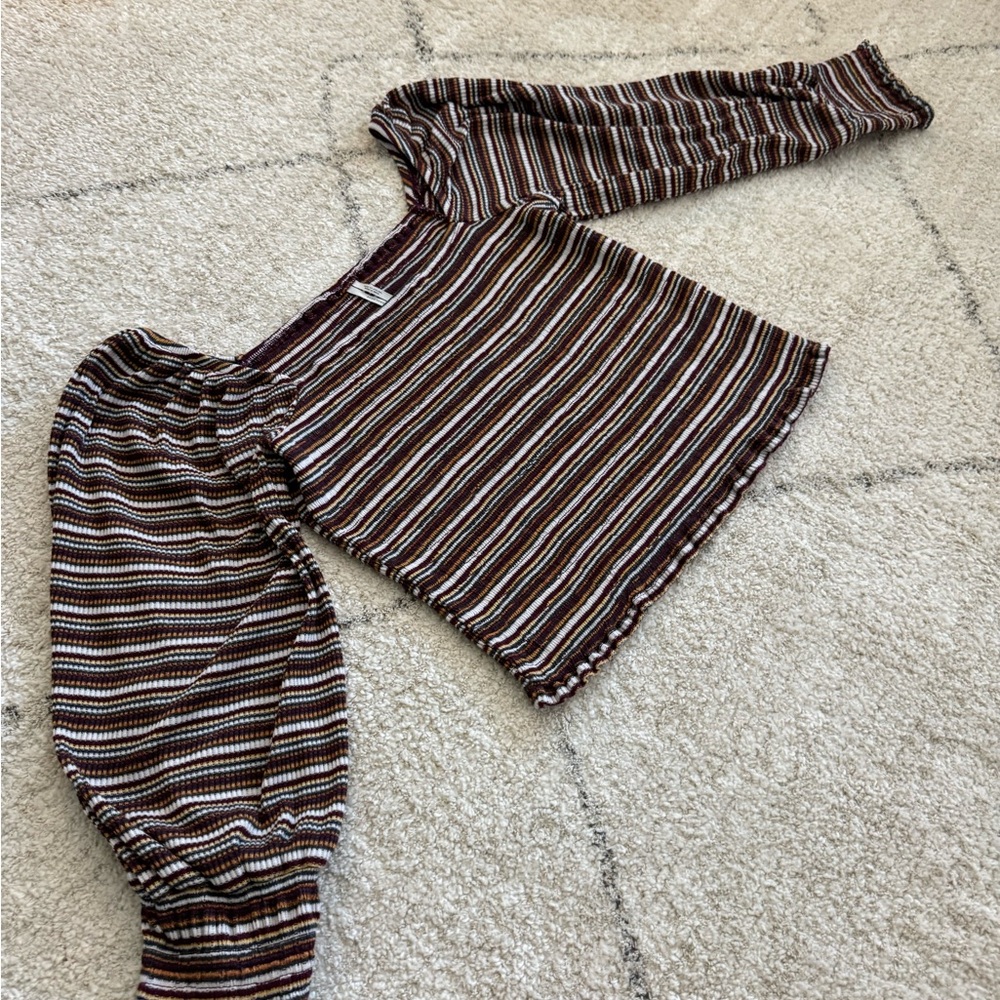 Anthropologie Brown and White Puff Sleeve Crop Top